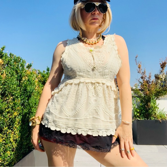 Lux ANNA SUI Vintage Hearts Embroidered Crochet Lace Tank Top Hearts Babydoll - Picture 6 of 16